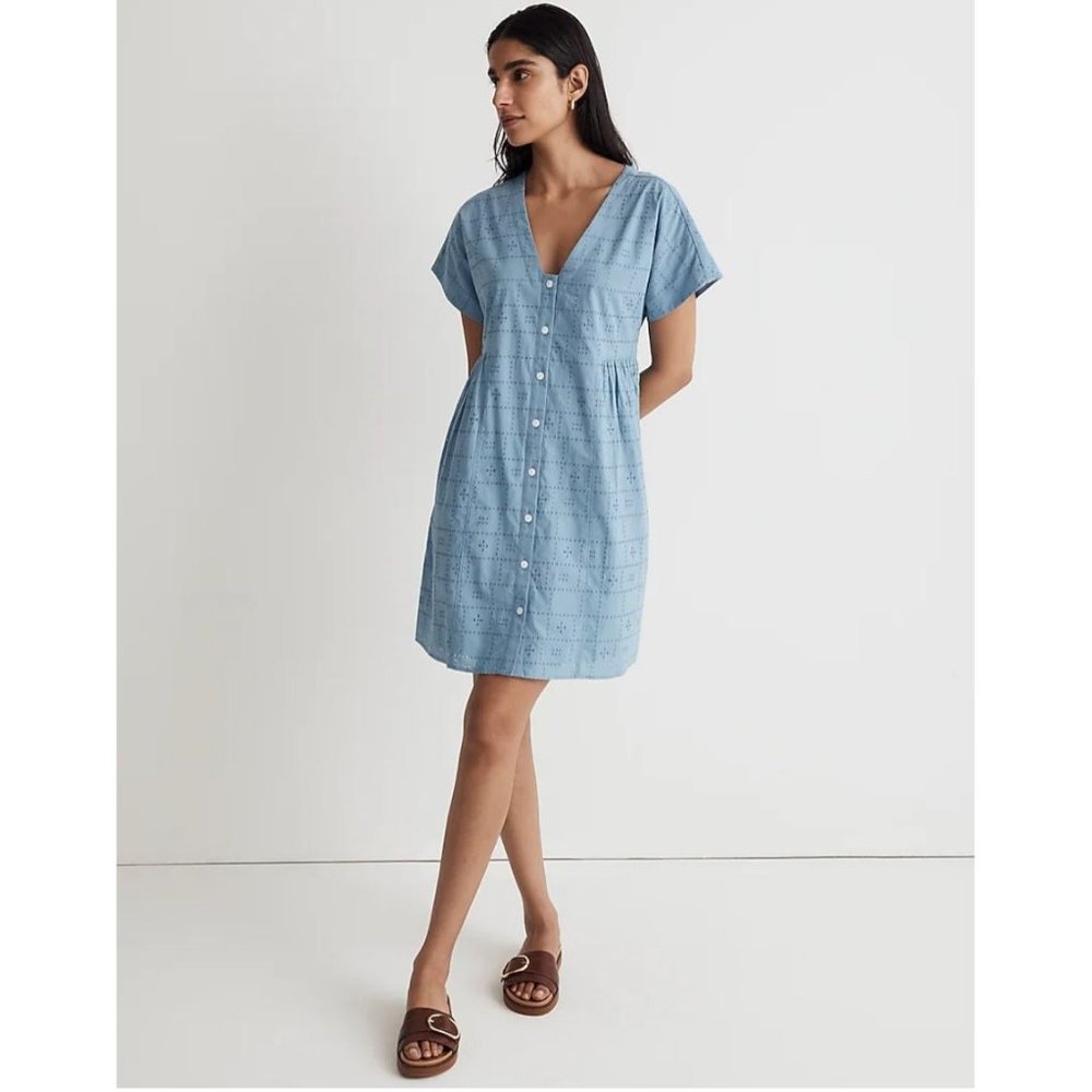 Madewell NL447 Blue Button-Front V-Neck Mini Dress Sz S NWOT
